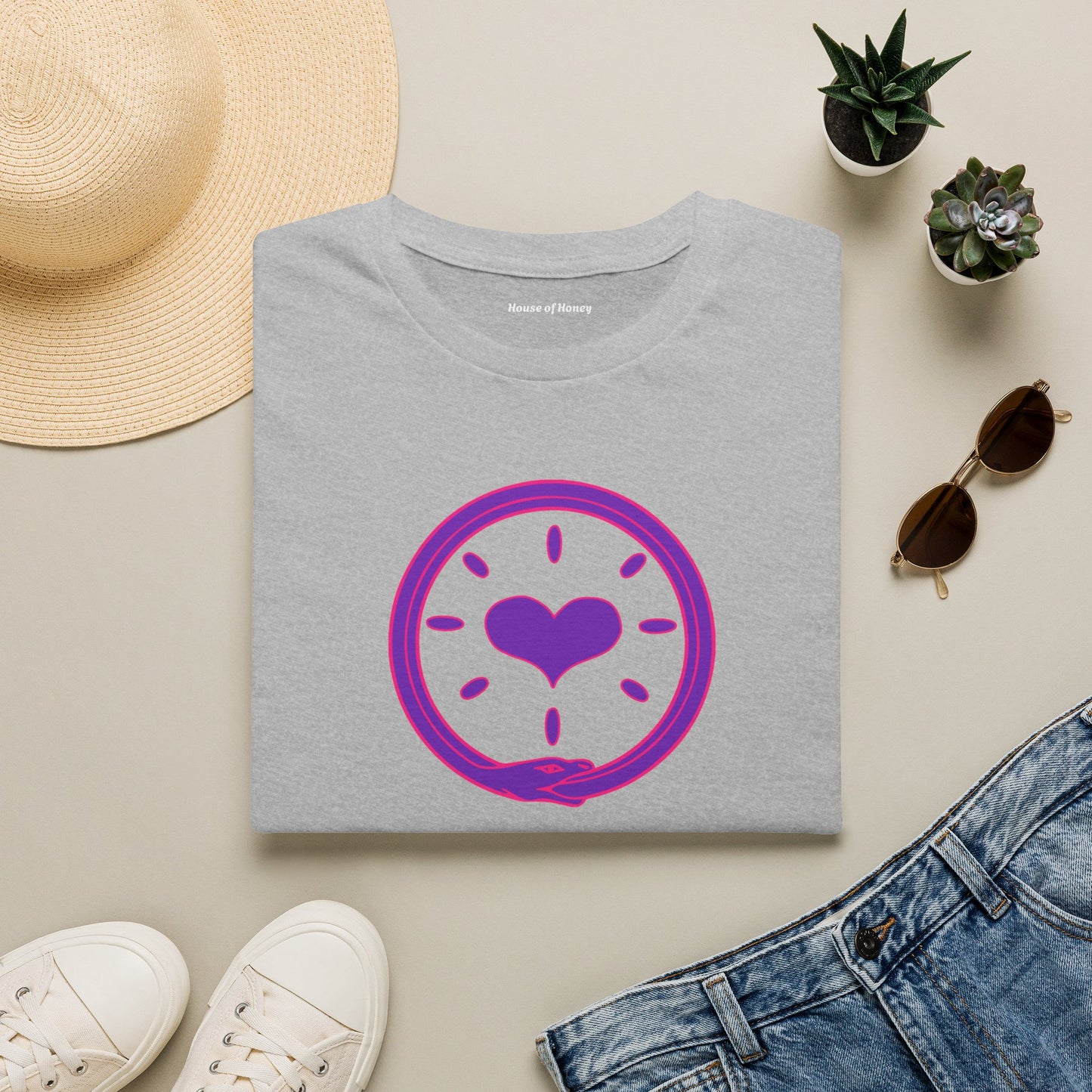 'Oroboros Heart' Organic Creator T-shirt - The ancient mythical symbol of the world devouring serpent represents the eternal cycle of destruction and rebirth, infinity, and the unity of opposing force