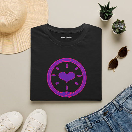 'Oroboros Heart' Organic Creator T-shirt - The ancient mythical symbol of the world devouring serpent represents the eternal cycle of destruction and rebirth, infinity, and the unity of opposing force
